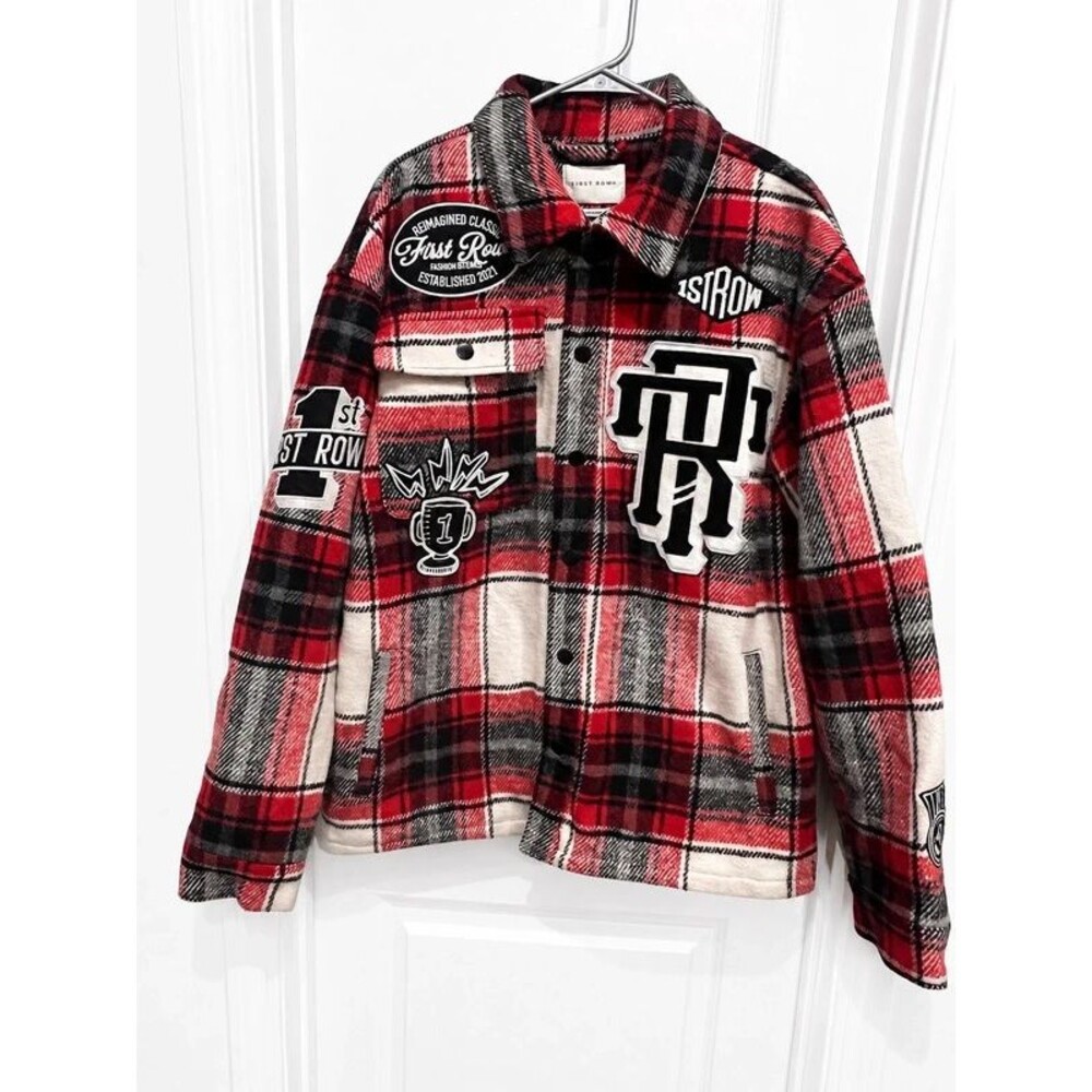 First Row Men’s XL Red Black Plaid Patch Shacket Jacket Winner’s Club